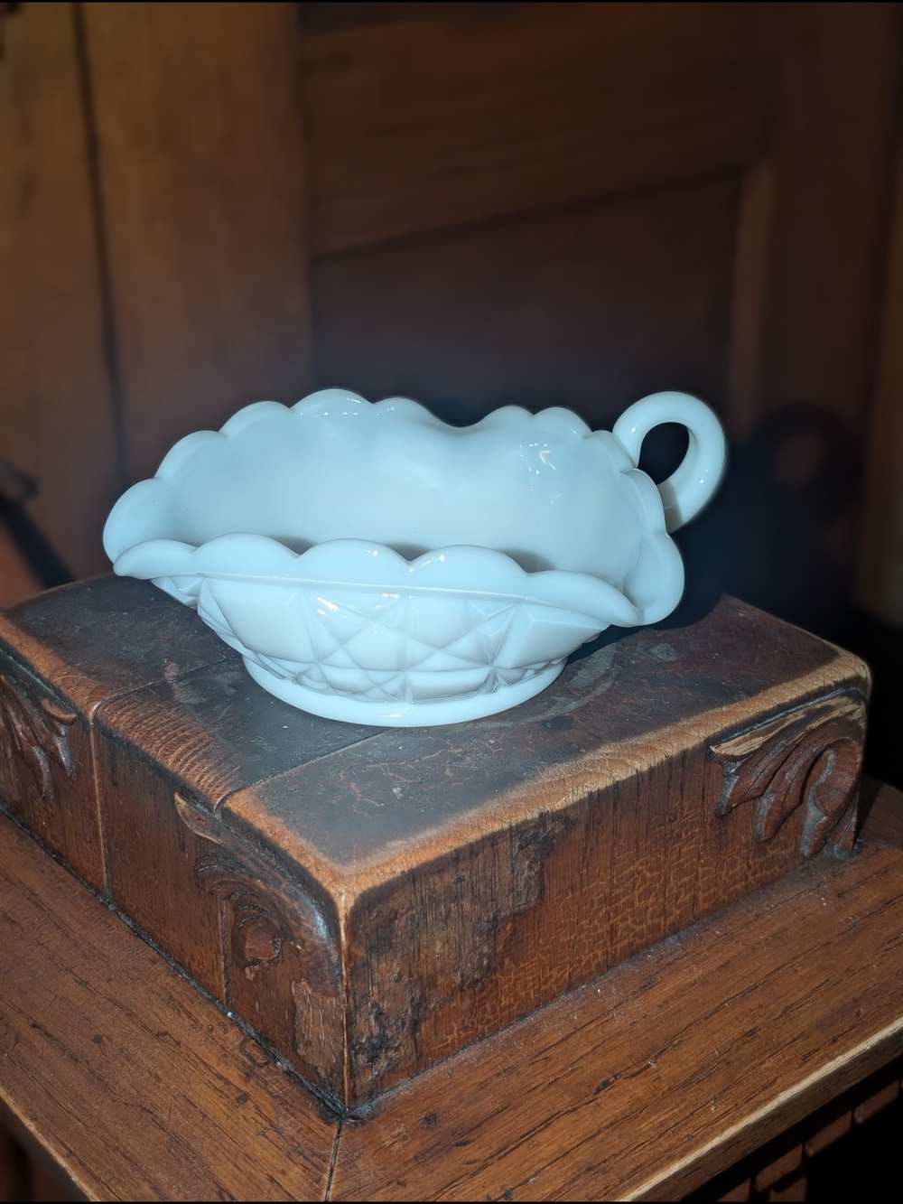 Fenton Block and Stars Triangle Dish with Handle Milk Glass Vintage